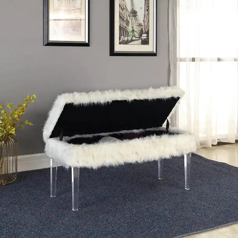 20 Inch Faux Fur Nailhead Storage Bench with Acrylic Leg
