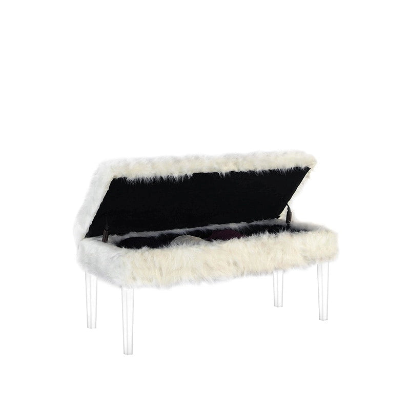 20 Inch Faux Fur Nailhead Storage Bench with Acrylic Leg