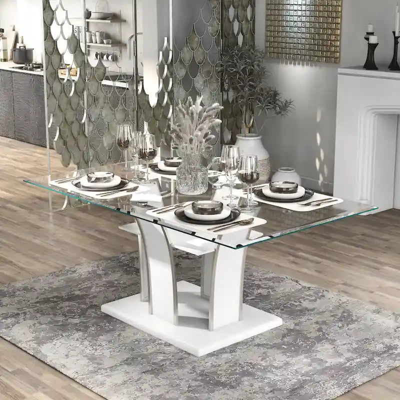 Modern 72-inch Glass Top Wood Dining Table
