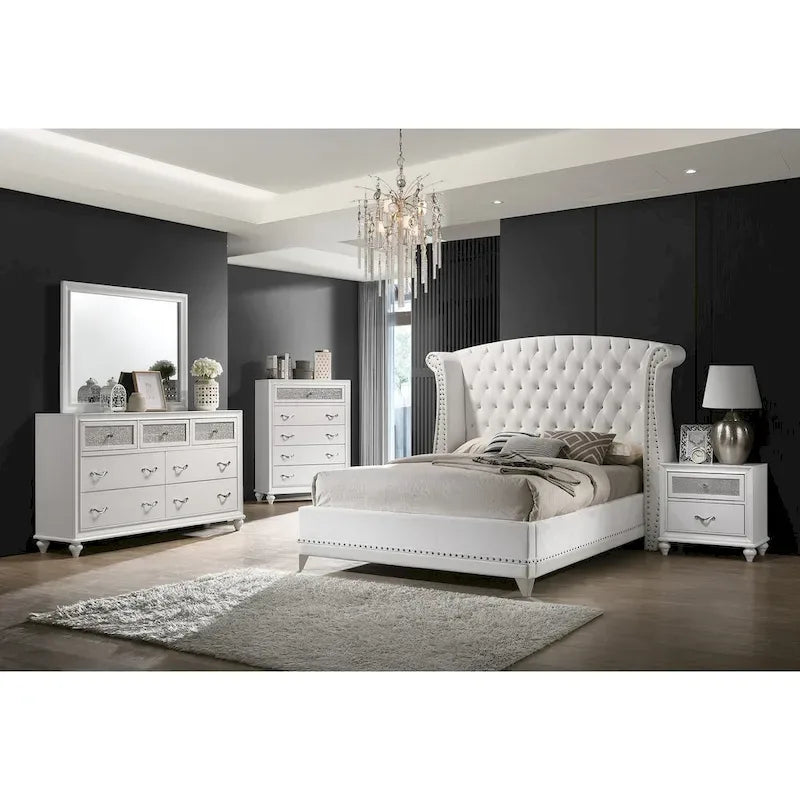 Velvet Upholstered Wingback Tufted Bed, White