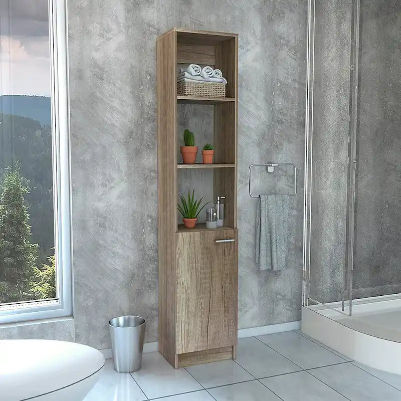 Linen Cabinet with 3 Open Shelves, 2 Inner Shelves and Door