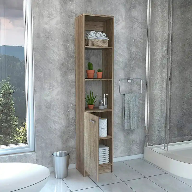 Linen Cabinet with 3 Open Shelves, 2 Inner Shelves and Door