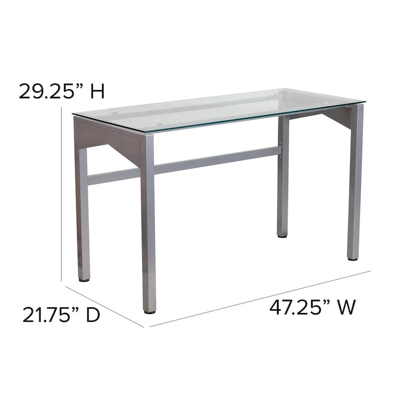 Contemporary Clear Tempered Glass Desk with Geometric Sides and Silver Frame