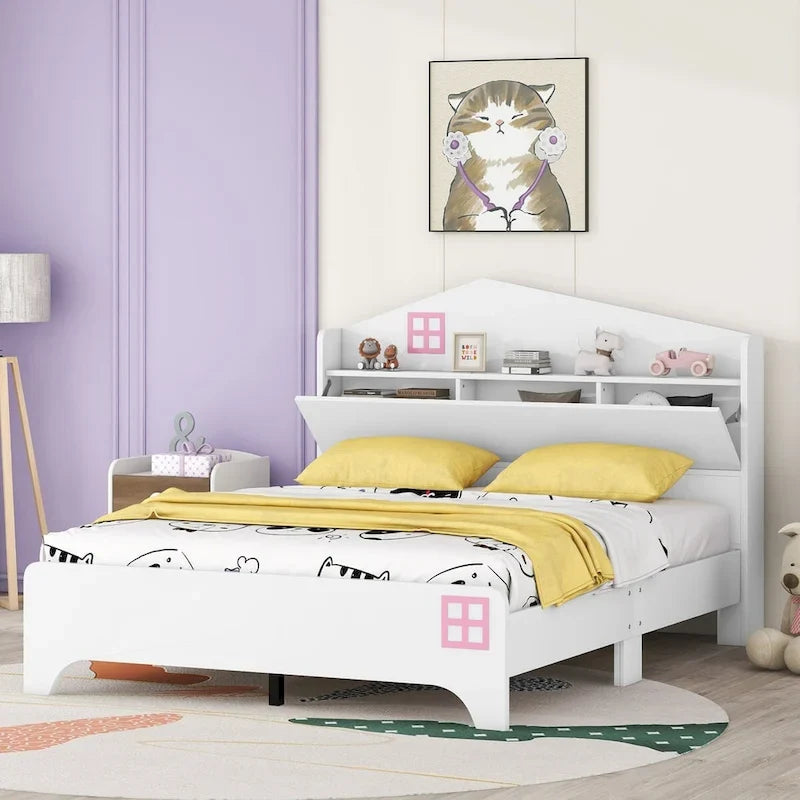 Wooden Full Size House Bed with Storage Headboard