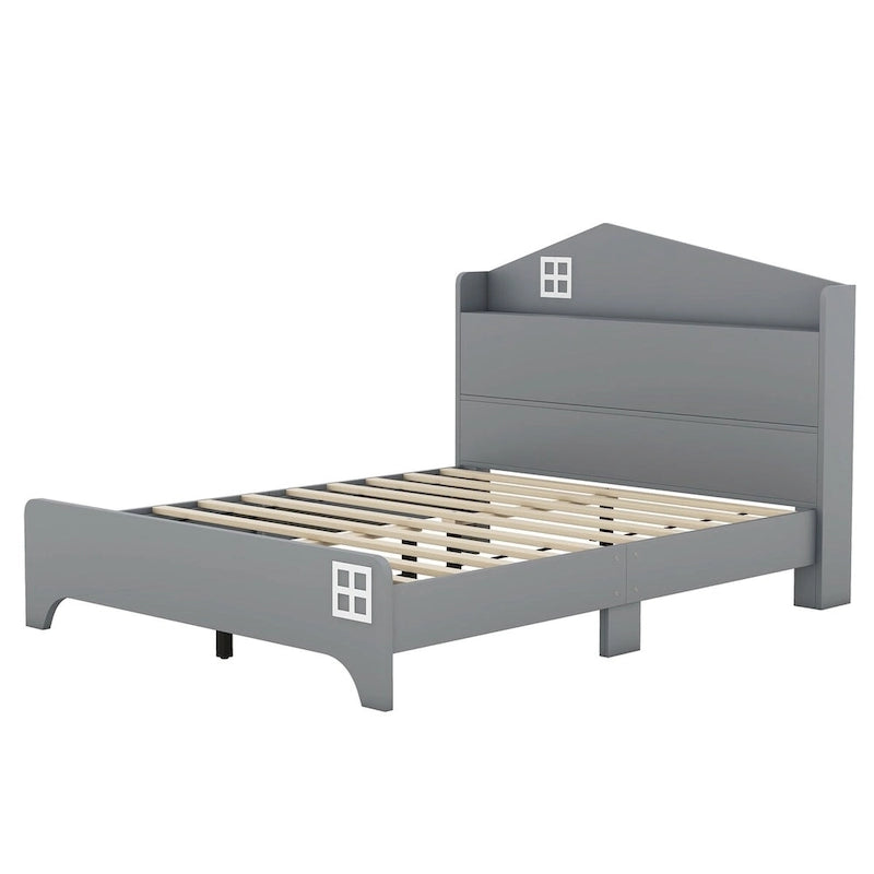 Wooden Full Size House Bed with Storage Headboard