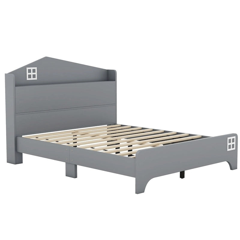 Wooden Full Size House Bed with Storage Headboard