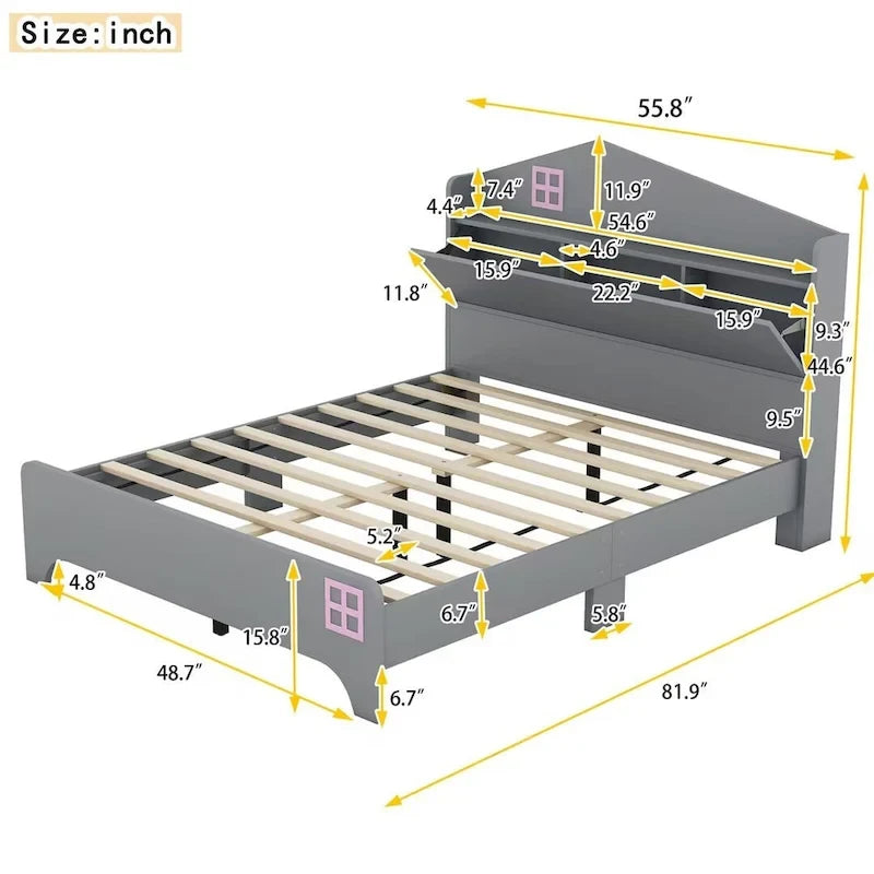 Wooden Full Size House Bed with Storage Headboard