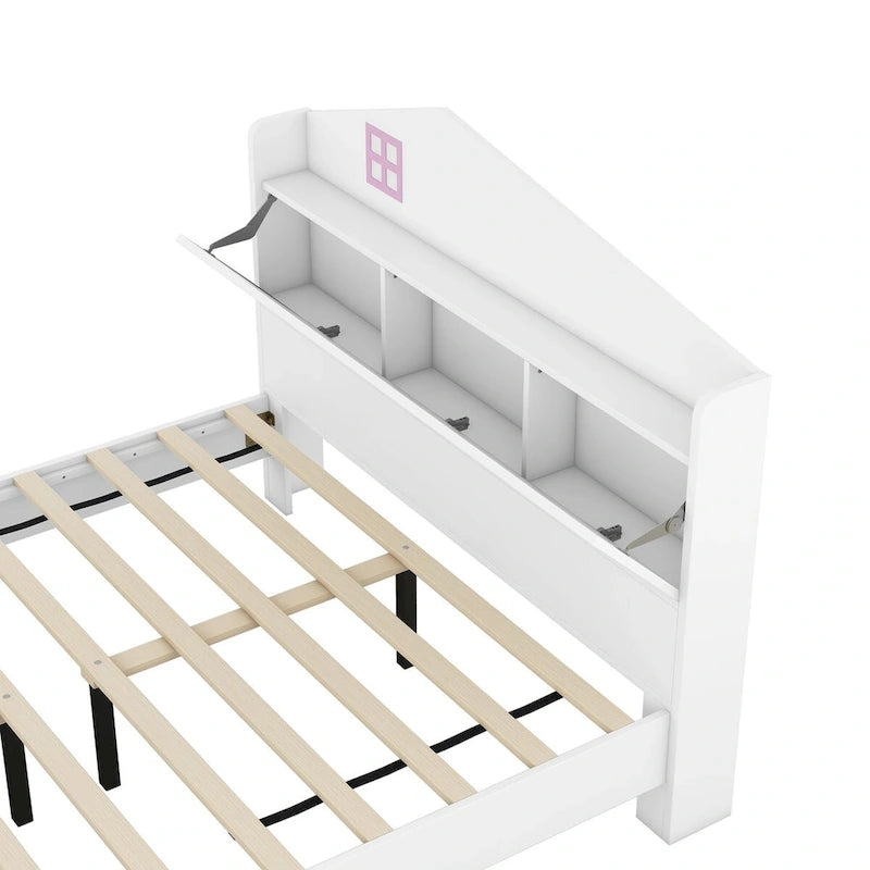 Wooden Full Size House Bed with Storage Headboard