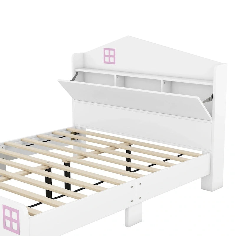 Wooden Full Size House Bed with Storage Headboard