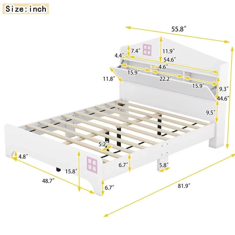 Wooden Full Size House Bed with Storage Headboard