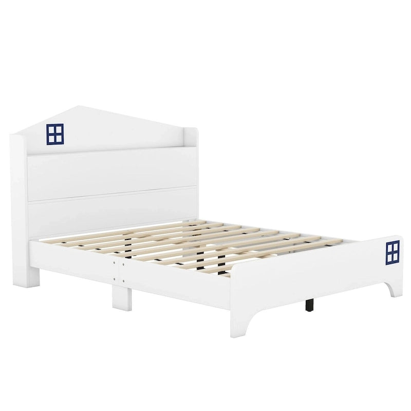 Wooden Full Size House Bed with Storage Headboard
