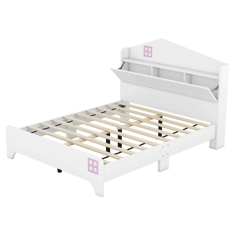 Wooden Full Size House Bed with Storage Headboard