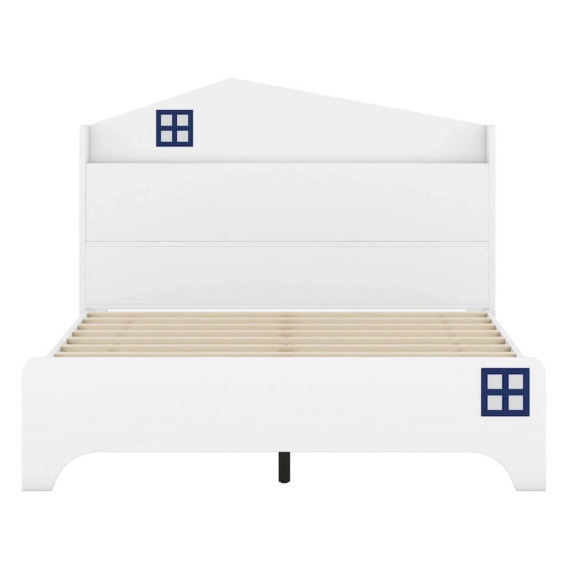 Wooden Full Size House Bed with Storage Headboard
