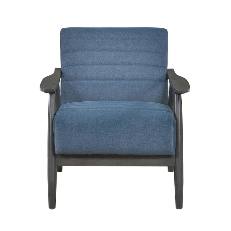 32 Inch Accent Chair, Channel Stitched, Blue Velvet, Gray Solid Wood