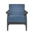 32 Inch Accent Chair, Channel Stitched, Blue Velvet, Gray Solid Wood