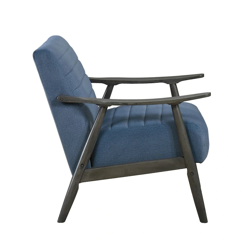 32 Inch Accent Chair, Channel Stitched, Blue Velvet, Gray Solid Wood
