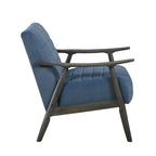 32 Inch Accent Chair, Channel Stitched, Blue Velvet, Gray Solid Wood