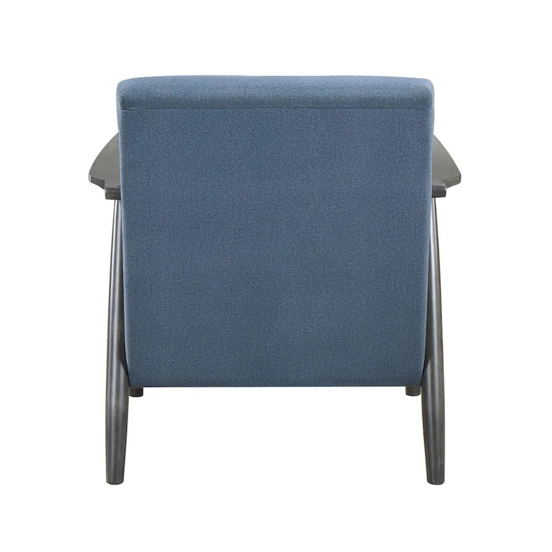 32 Inch Accent Chair, Channel Stitched, Blue Velvet, Gray Solid Wood