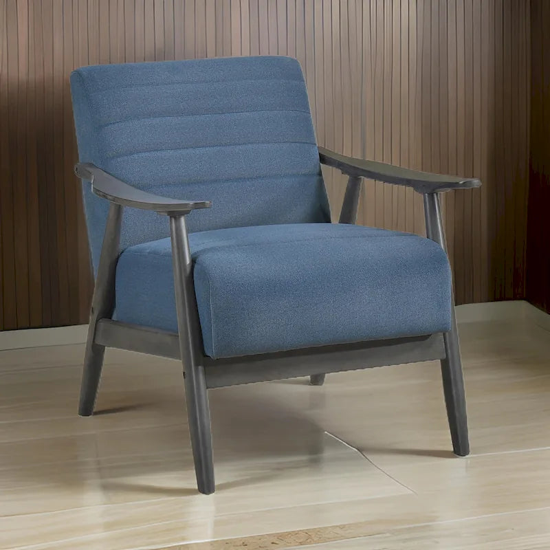 32 Inch Accent Chair, Channel Stitched, Blue Velvet, Gray Solid Wood