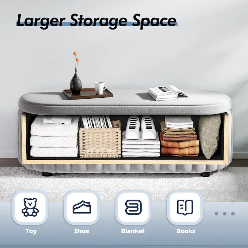 46.1 Upholstered Storage Ottoman Bench with Safety Hinge for Bedroom, Living Room, Entryway