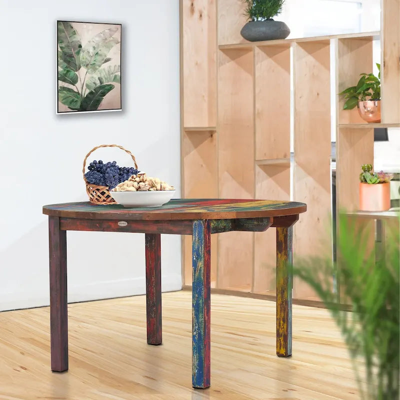 Round Dining Table made from Recycled Teak Wood Boats, 48 inch - Multi