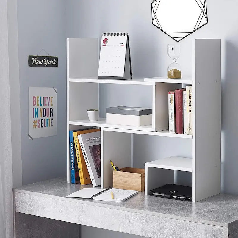 Compact Adjustable Dorm Desk Bookshelf - White