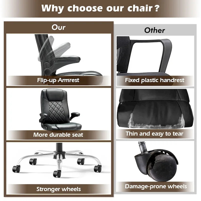 Executive PU Leather Swivel Office Chair with Flip-Up Arms Ergonomic