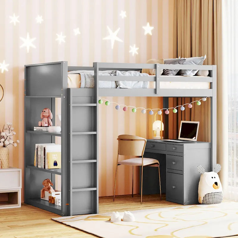 Twin Size Loft Bed with Ladder, Shelves, Solid Wood Loft Bed Frame with 4-Drawers Desk, Box Spring No Required