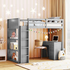 Twin Size Loft Bed with Ladder, Shelves, Solid Wood Loft Bed Frame with 4-Drawers Desk, Box Spring No Required