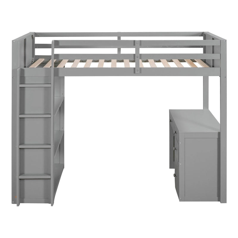 Twin Size Loft Bed with Ladder, Shelves, Solid Wood Loft Bed Frame with 4-Drawers Desk, Box Spring No Required