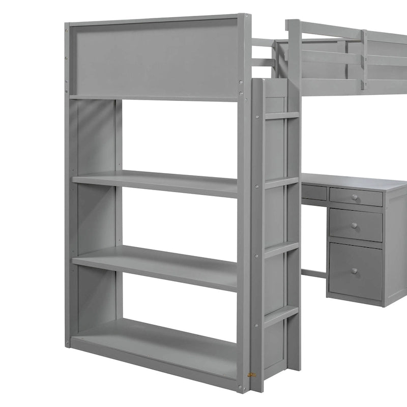 Twin Size Loft Bed with Ladder, Shelves, Solid Wood Loft Bed Frame with 4-Drawers Desk, Box Spring No Required