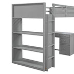 Twin Size Loft Bed with Ladder, Shelves, Solid Wood Loft Bed Frame with 4-Drawers Desk, Box Spring No Required