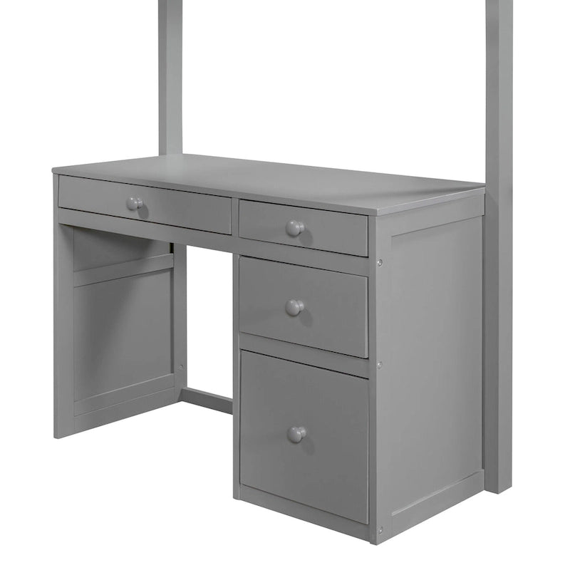 Twin Size Loft Bed with Ladder, Shelves, Solid Wood Loft Bed Frame with 4-Drawers Desk, Box Spring No Required