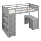 Twin Size Loft Bed with Ladder, Shelves, Solid Wood Loft Bed Frame with 4-Drawers Desk, Box Spring No Required