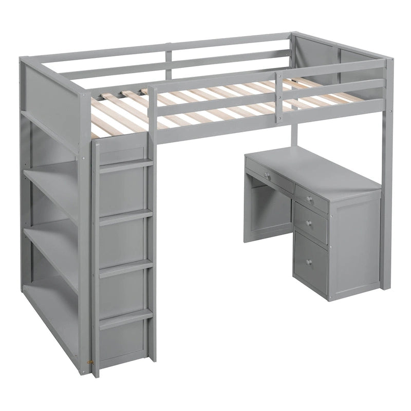 Twin Size Loft Bed with Ladder, Shelves, Solid Wood Loft Bed Frame with 4-Drawers Desk, Box Spring No Required