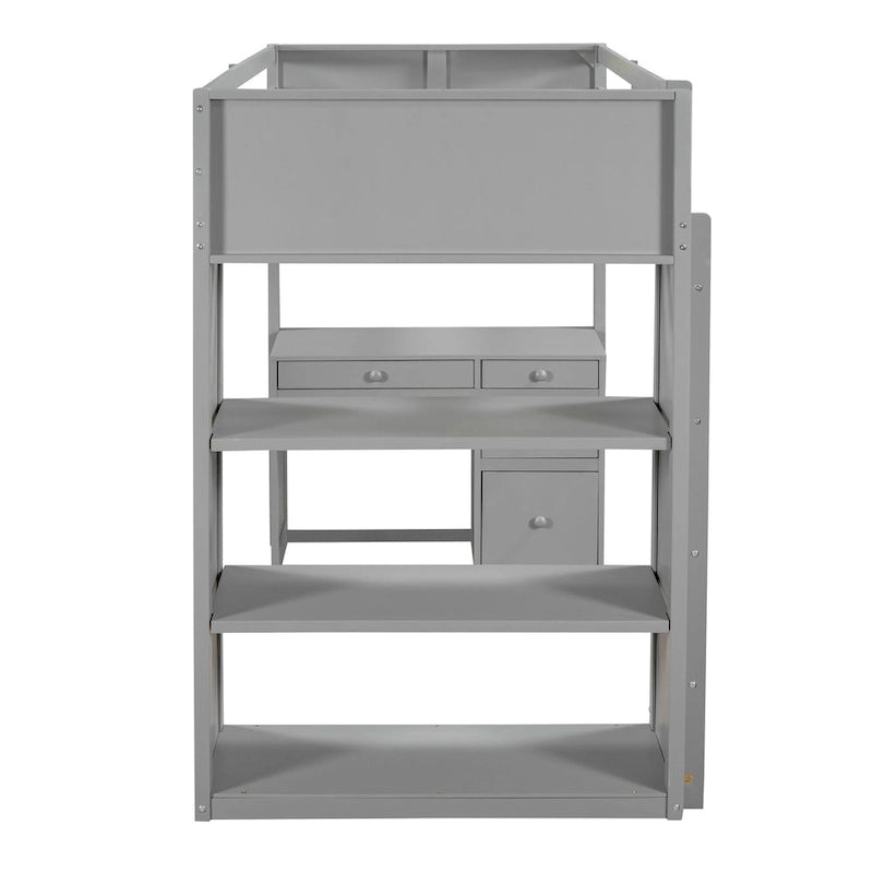 Twin Size Loft Bed with Ladder, Shelves, Solid Wood Loft Bed Frame with 4-Drawers Desk, Box Spring No Required