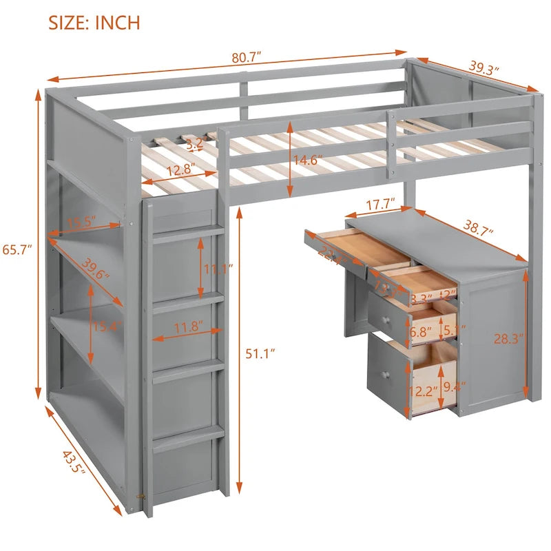 Twin Size Loft Bed with Ladder, Shelves, Solid Wood Loft Bed Frame with 4-Drawers Desk, Box Spring No Required